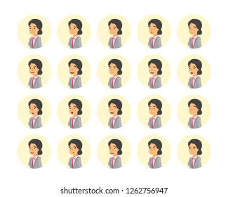 Vector young adult woman avatars and emoticons set in flat style, side view.