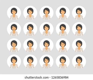 Vector young adult woman avatars and emoticons set in flat style, front view.