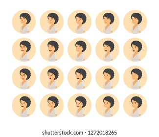 Vector young adult woman avatars and emoticons set in flat style, side view.