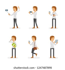 Vector young adult woman in casual clothing ready-to-use character gadget using poses set in flat style.
