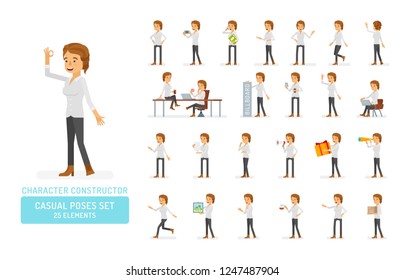 Vector young adult woman in casual clothing ready-to-use character casual poses set in flat style. Full length, gestures, emotions, front, side, back view.