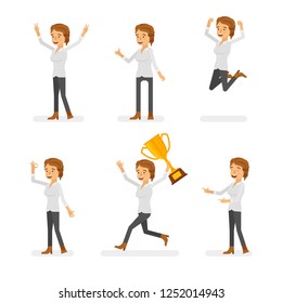 Vector young adult woman in casual clothing ready-to-use character success and positive mood poses set in flat style.