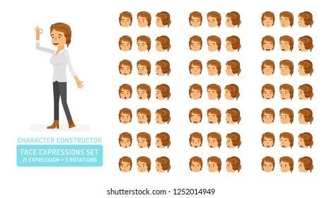 Vector young adult woman in casual clothing character face expressions set in flat style: front, half-side and side view.