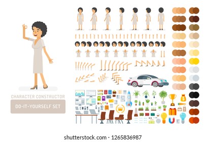 Vector young adult woman in dress do-it-yourself creation kit. Full length, gestures, emotions - all character constructor elements for building your own design for infographic illustrations.