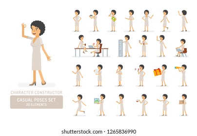 Vector young adult woman in dress ready-to-use character casual poses set in flat style. Full length, gestures, emotions, front, side, back view.