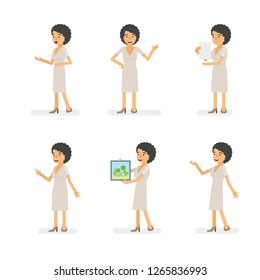 Vector young adult woman in dress ready-to-use character dialogue and presentation poses set in flat style.