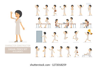 Vector young adult woman in dress ready-to-use character casual poses set in flat style. Full length, gestures, emotions, front, side, back view.