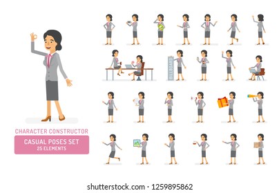 Vector young adult woman in office suit ready-to-use character casual poses set in flat style. Full length, gestures, emotions, front, side, back view.