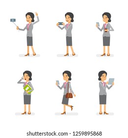 Vector young adult woman in office suit ready-to-use character gadget using poses set in flat style.