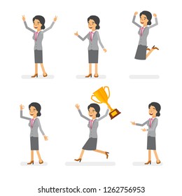 Vector young adult woman in office suit ready-to-use character success and positive mood poses set in flat style.
