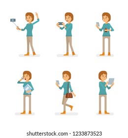 Vector young adult woman in pullover ready-to-use character gadget using poses set in flat style.