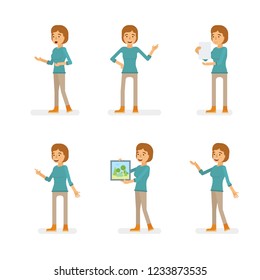 Vector young adult woman in pullover ready-to-use character marketing and infographic poses set in flat style.