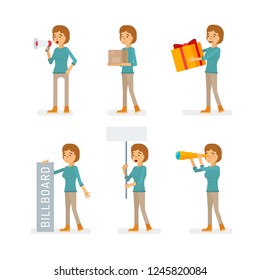 Vector young adult woman in pullover ready-to-use character marketing and infographic poses set in flat style.