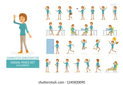 Vector young adult woman in pullover ready-to-use character casual poses set in flat style. Full length, gestures, emotions, front, side, back view.