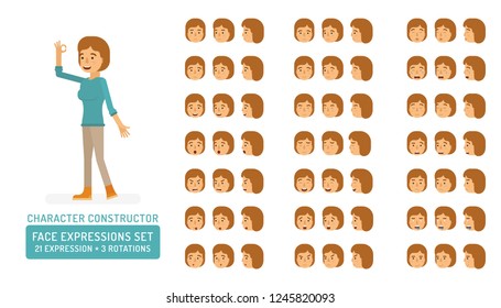 Vector young adult woman in pullover character face expressions set in flat style: front, half-side and side view.