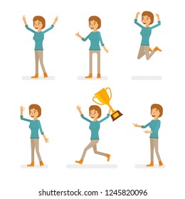 Vector young adult woman in pullover ready-to-use character success and positive mood poses set in flat style.