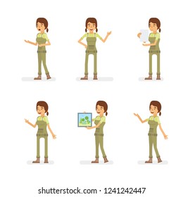 Vector young adult woman in worker overalls ready-to-use character dialogue and presentation poses set in flat style.