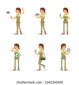 Vector young adult woman in worker overalls ready-to-use character gadget using poses set in flat style.