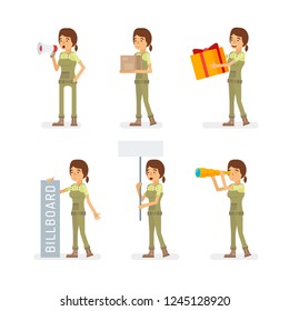Vector young adult woman in worker overalls ready-to-use character marketing and infographic poses set in flat style.