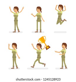 Vector young adult woman in worker overalls ready-to-use character success and positive mood poses set in flat style.