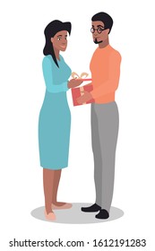 Vector with a young African American who gives a gift to his girlfriend. Ideal for Valentine's Day.