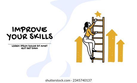 Vector of a young ambitious woman climbing up a career ladder 