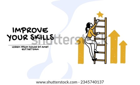 Vector of a young ambitious woman climbing up a career ladder 