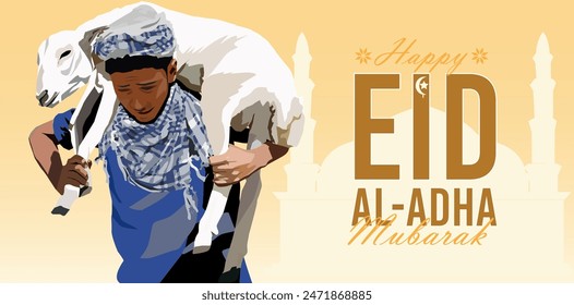 Vector a un joven árabe niño kefya con una oveja en hombros para celebrar Eid Al Adha mubarak con un fondo de silueta de mezquita