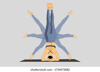 Vector - Young athletic woman practicing yoga doing headstand exercise at home.