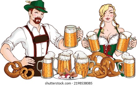 Vector young  bearded man and pretty blond woman wearing traditional bavarian clothes  with glass mugs of beer, pretzels, sausage. October fest illustration for design card, menu, poster, invitation.