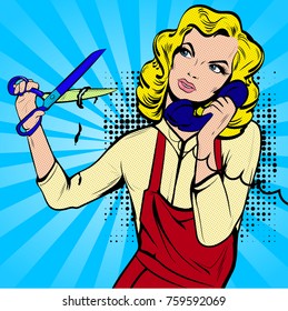 Vector young blonde woman with scissors talking on phone