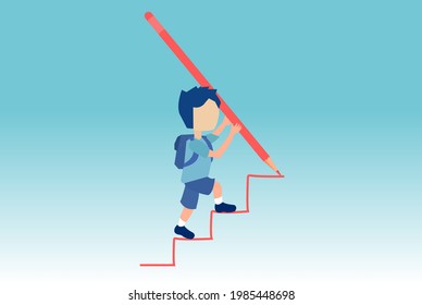Vector of a young boy drawing rising up staircase with a huge pencil and climbing up the ladder.