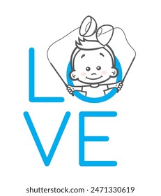 Vektorgrafik Young Boy jongliert mit Diabolo und Bluetext LOVE. Isoliert auf weißem Hintergrund.