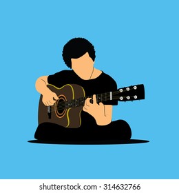vector. young boy sitting playing classical guitar