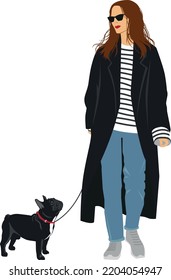 Vector Young Brunette Woman Wearing Blue Jeans, Striped T-shirt, Black Coat And  Sneakers Walking With Cute French Bulldog.