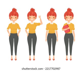 Vector young business woman character in flat style in different poses