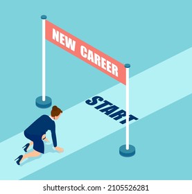 Vector of a young business woman at a start line of her new career 