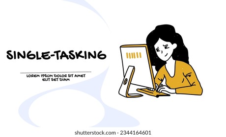 Vector of a young business woman working on laptop computer staying focused on one task at a time 