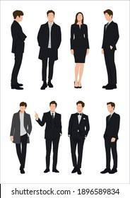 Vector of young businessman and women with suit, Business people, group of men and women, wearing working outfit, standing in white background 