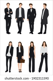 Vector of young businessman and women with suit, Business people, group of men and women, wearing working outfit, standing in white background 