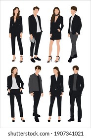 Vector of young businessman and women with suit, Business people, group of men and women, wearing working outfit, standing in white background 