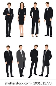 Vector of young businessman and women with suit, Business people, group of men and women, wearing working outfit, standing in white background 