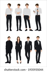 Vector of young businessman and women with suit, Business people, group of men and women, wearing working outfit, standing in white background 