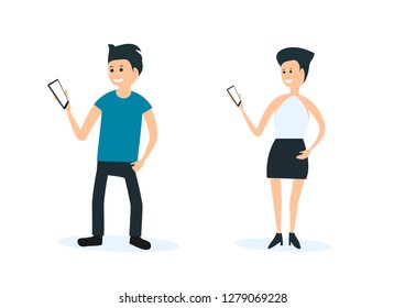 Vector Young college students with gadgets smartphones on white background