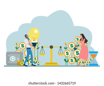 Vector of a young couple businessman and businesswoman balancing family budget and finances 