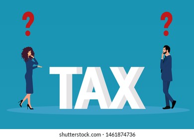 Vector Of A Young Couple Businessman And Businesswoman Having Tax Related Questions 