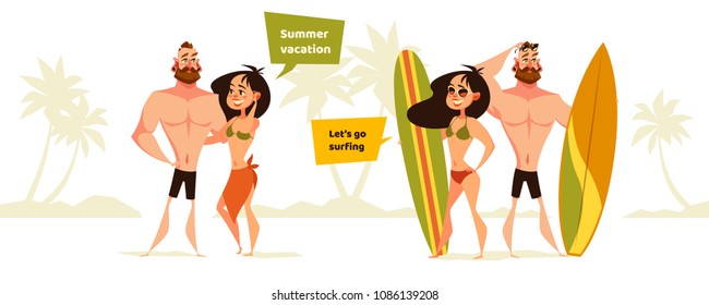 Vector young couple characters. Cartoon style illustration. Family vacation. Beach, summer, ocean. Surfing board.