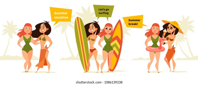 Vector young couple characters. Cartoon style illustration. Family vacation. Beach, summer, ocean. Surfing board. Homosexual gay couple.