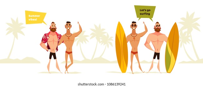 Vector young couple characters. Cartoon style illustration. Family vacation. Beach, summer, ocean. Surfing board. Homosexual gay couple.