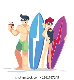 Vector young couple characters. Cartoon flat style vector illustration. Family vacation. Beach, summer, ocean. Surfing board. Man and woman. Vector flat illustration isolated on white background.